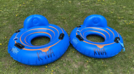 2 blue rental tubes with backrests at Kickapoo Wild Adventures