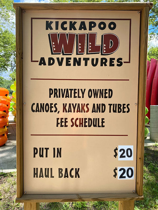 Kickapoo Wild Adventures Shuttle Pricing Signboard